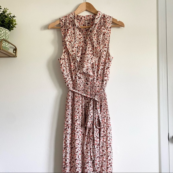 Free People Dresses & Skirts - Free People Floral Button Down Ruffle Midi Dress with Pleated Skirt